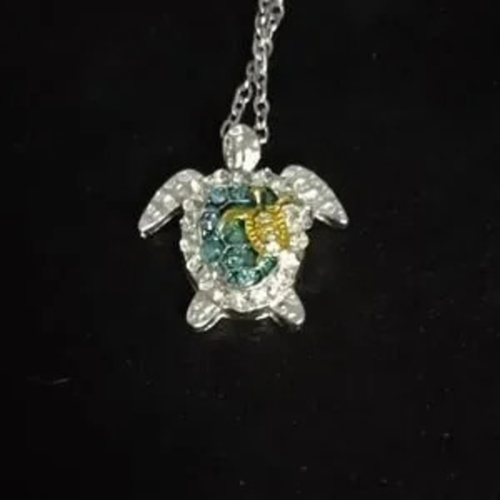 Gold Blue Sea Turtle Necklace Mom Baby Rhinestones Christmas Birthday Gift NEW!!